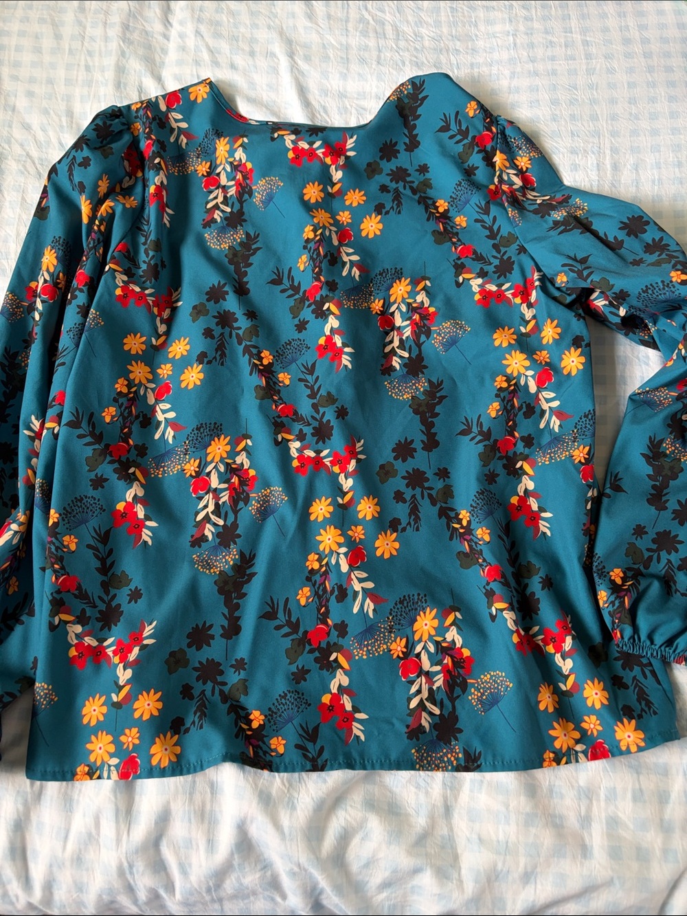 SHEIN Teal Floral Long Sleeve Blouse with Red and Yellow Accents